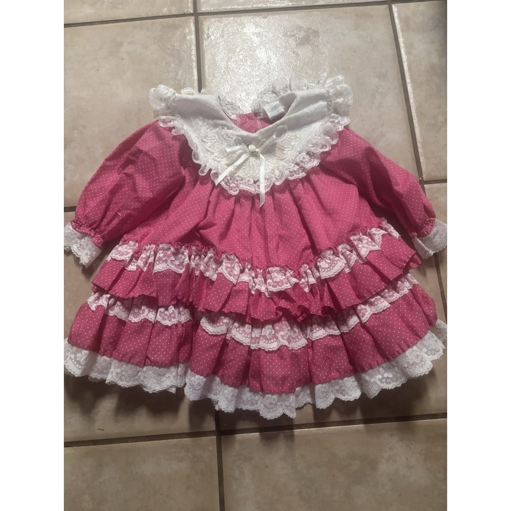 Vintage Alexis Baby Girl's Dress 12mo 21-24lbs Hot Pink Polka Dot‎ Lace Ruffles